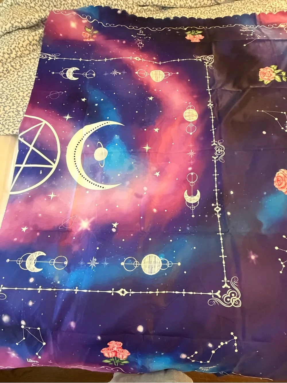 Celestial Zodiac Tablecloth 60x86 Purple Galaxy Moon Roses Scalloped